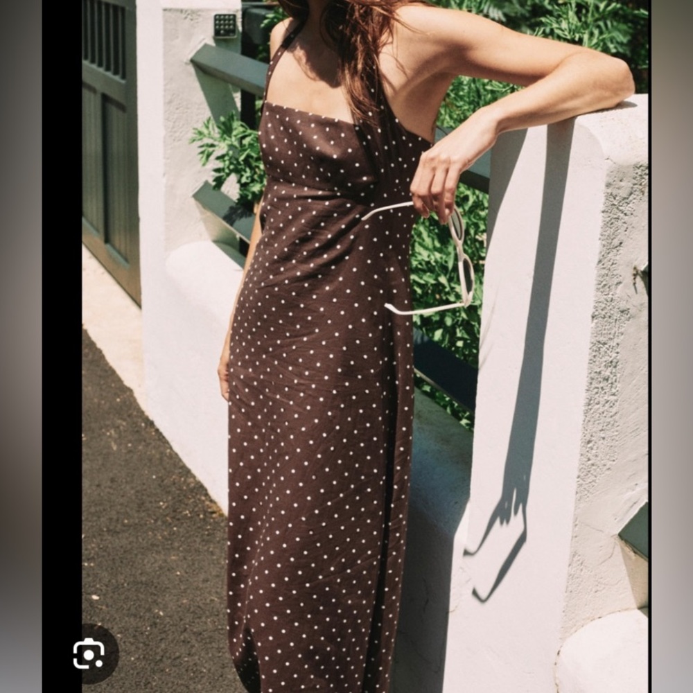 Zara brown linen polka dot halter midi dress - Picture 1 of 6